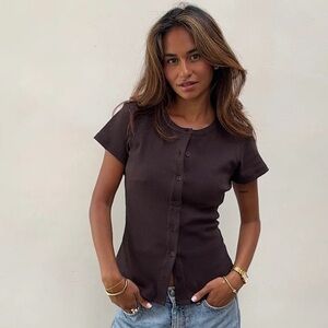 NWT NOM Chocolate Brown Ribbed Short Sleeve Cardigan Size Medium